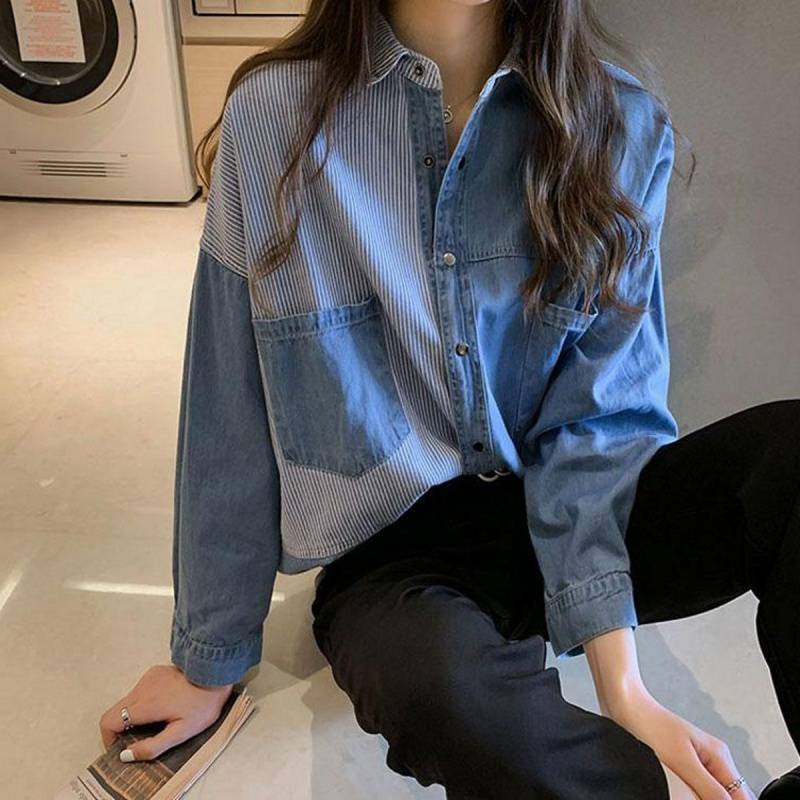 Spring and Autumn 2023 New Blue Denim Shirt Women's Retro Design Niche Loose Stacked Denim Shirt
