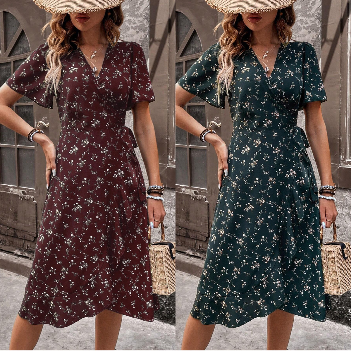 Actual Shot of Spot Foreign Trade Cross-Border 2025 New Hot-Selling European and American Floral Wrap-Up Lace-Up Waist V-Neck Dress