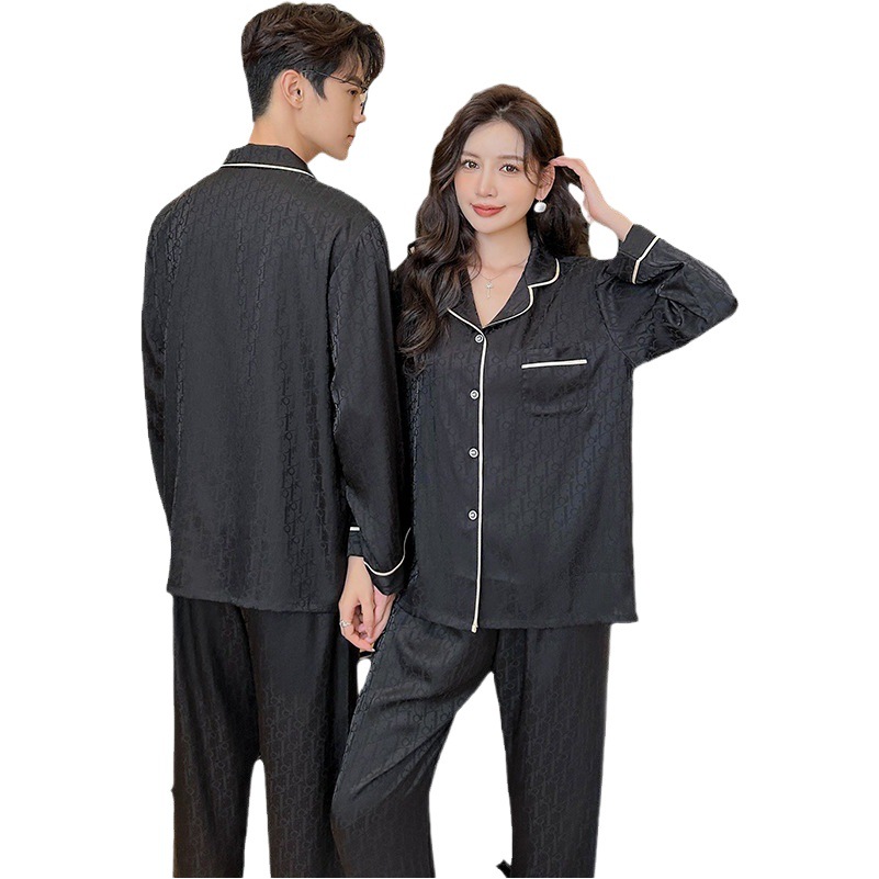 Couple Pajamas Women's Spring and Autumn Ice Silk Long Sleeve Trousers Loose Home Clothes Men's plus size and Autumn Casual suit 1150