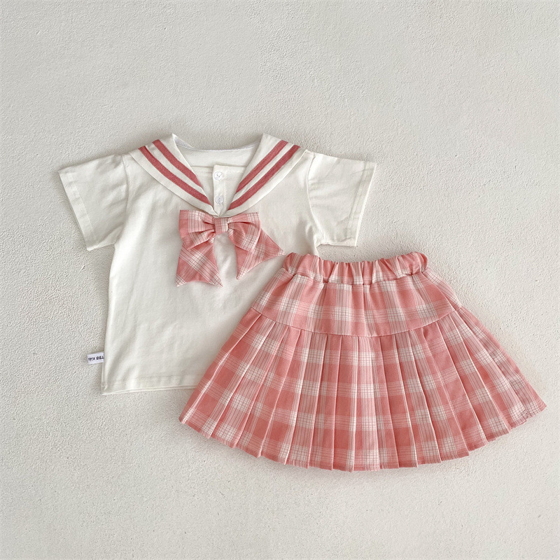 Picture of JK style Korean College pleated skirt woven children's clothing summer children's baby girl 2024 new online celebrity two-piece set suit