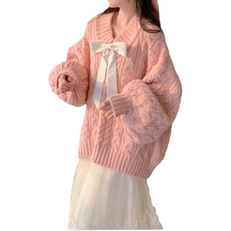 2023 New Gentle sweet cake pink loose V-neck top lazy gentle wind twist pullover sweater for women autumn and winter