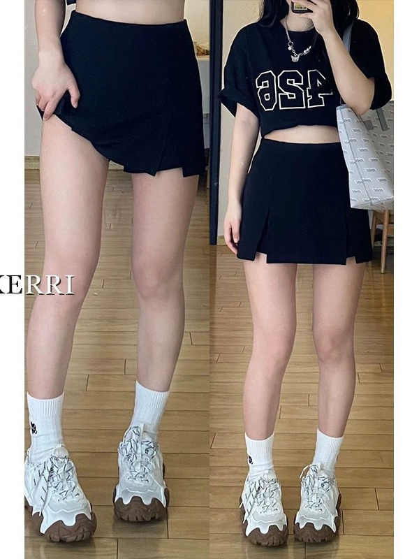 Split Skirt Women's 2024 Summer New Black Culottes High Waist plus size chubby girl Slim Hip A- Line Skirt