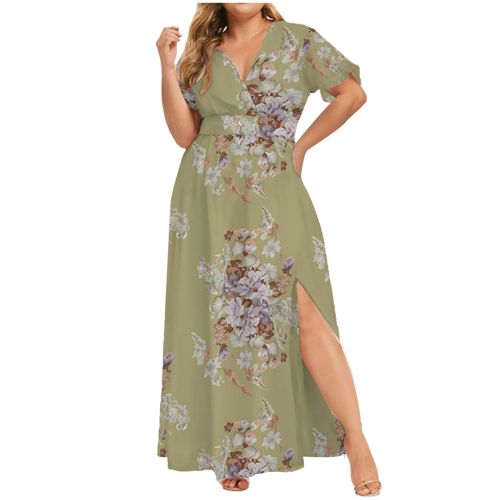 Picture of 2024 European and American Cross-Border Dress Summer New Plus Size Women's Printed Hem Slit Printed Short-Sleeved Dress