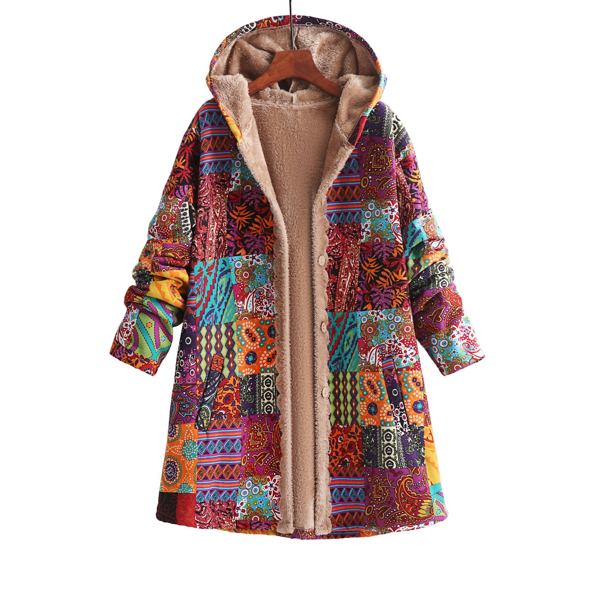 Picture of 2023 Winter Amazon WISH European and American popular new women's cotton and linen printed hooded sweater warm plush coat