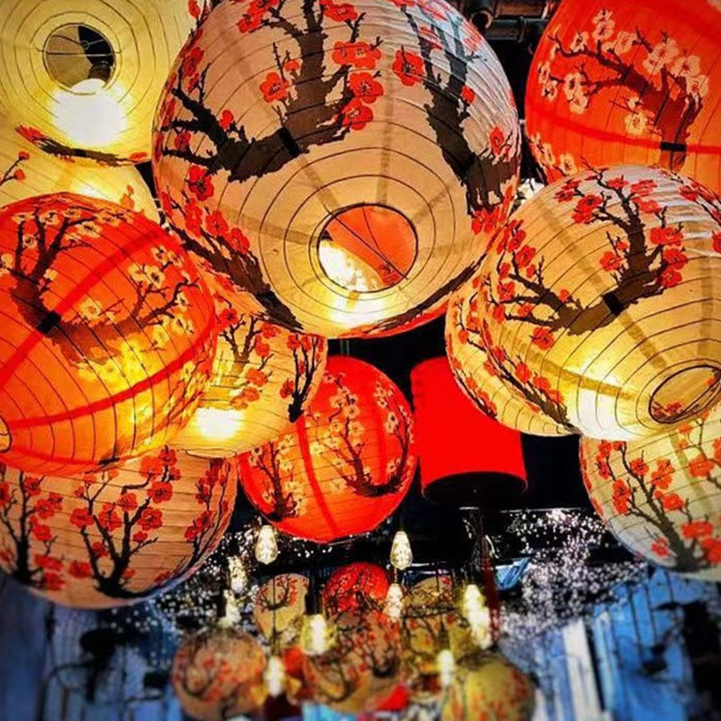 Picture of Chinese style plum blossom lantern Spring Festival restaurant hotel antique decorative folding paper lantern manufacturers supply round lampshade