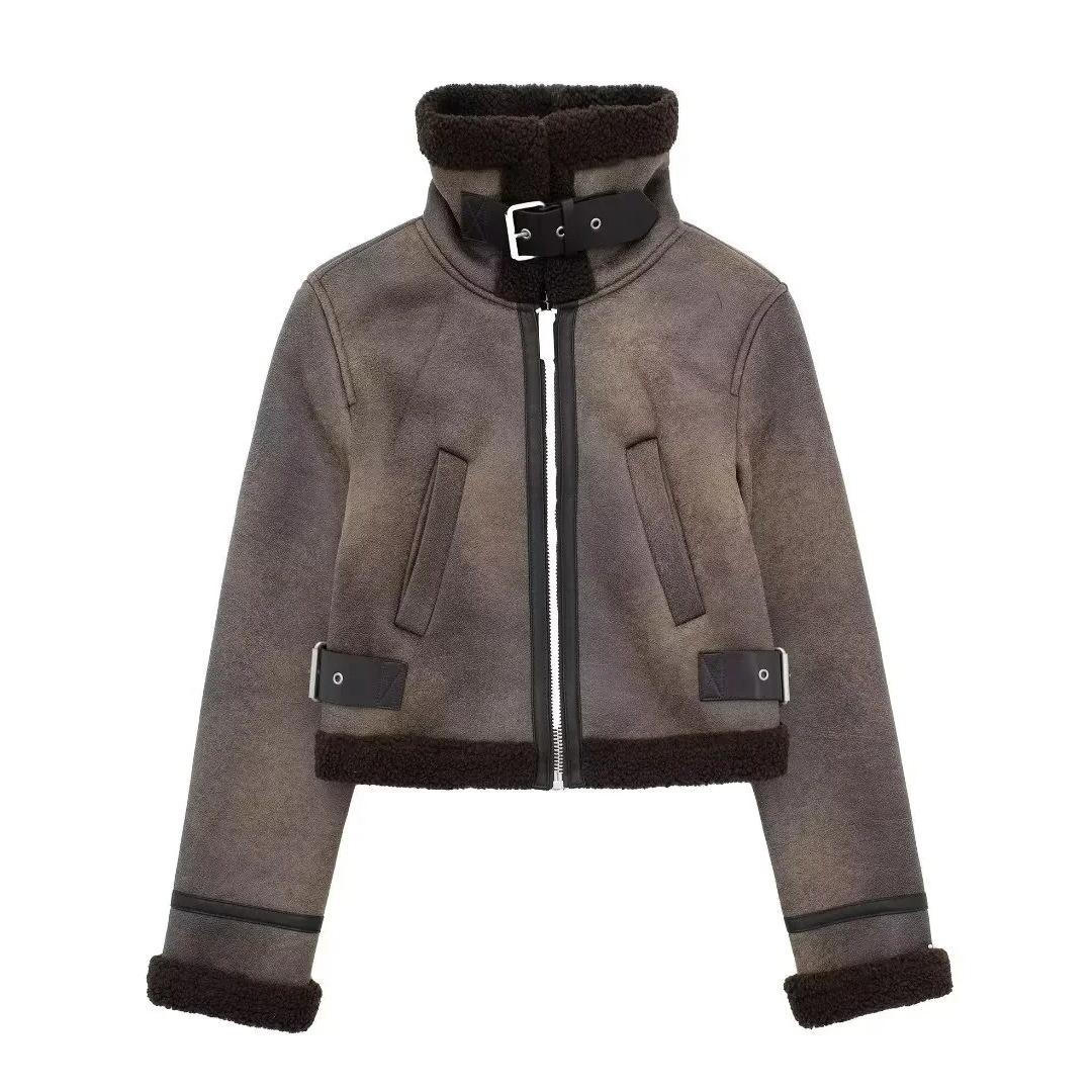 Picture of Winter New European and American Style Old-fashioned Loose Short Washed Lapel Fur One-piece Zipper Motorcycle Jacket for Women