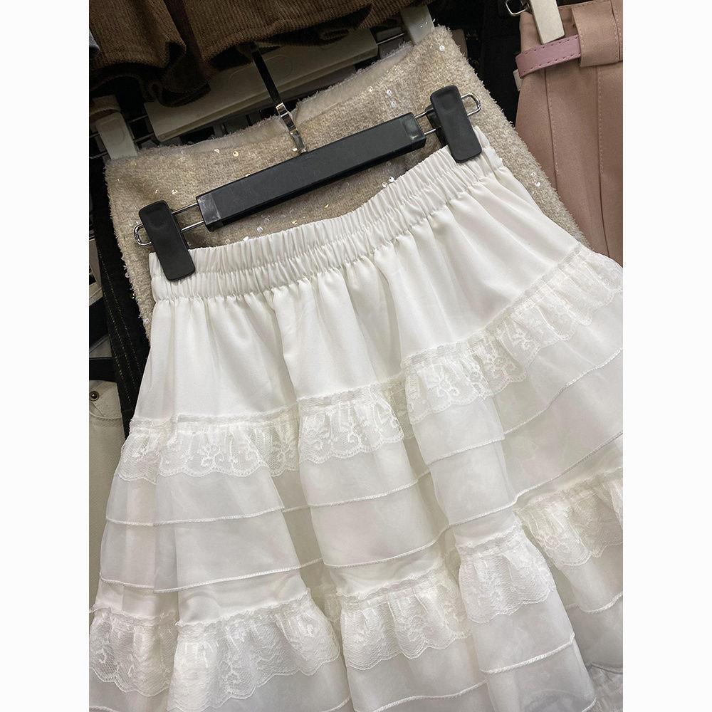 Sweet Layered Lace Fluffy Cake A-line Skirt for Women 2024 Summer High-waisted Anti-exposure Skirt