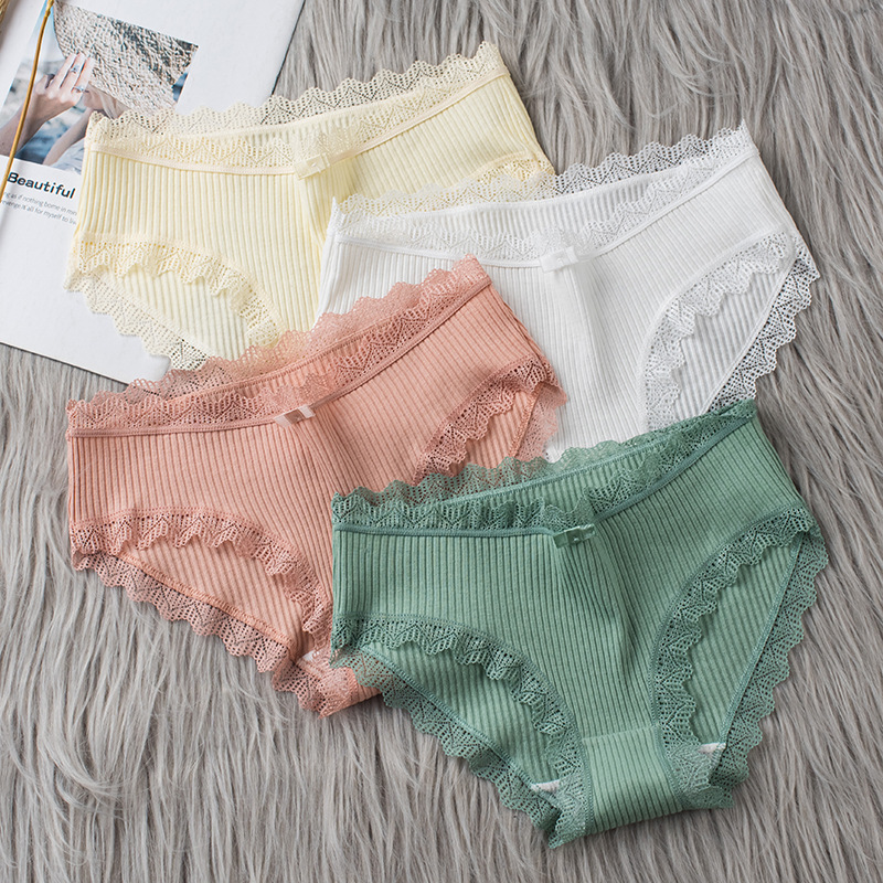 Manufacturer Women's Lace Threaded Underwear Mid-Waist Breathable Cotton Bottom Comfortable Briefs Japanese Girl Underwear