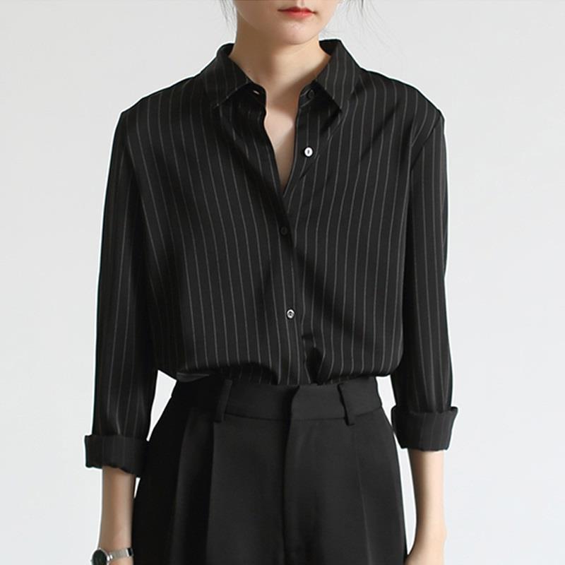 Picture of Chic black shirt women's new early autumn top design sense niche drape French vertical striped shirt Women's
