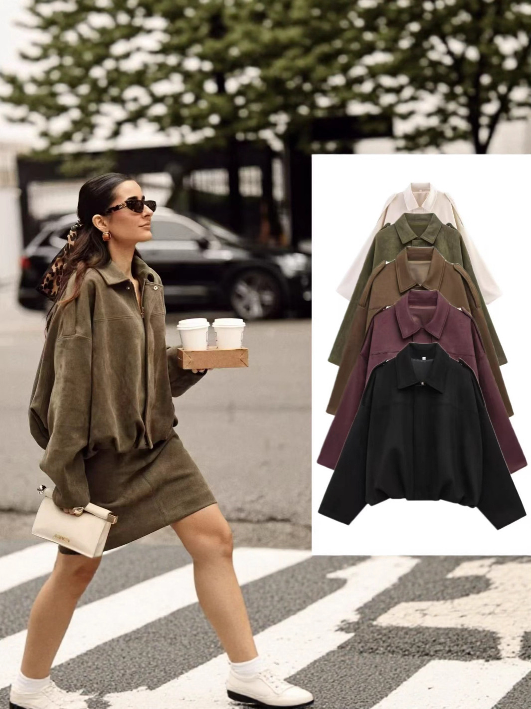 Cross-border foreign trade women's wear 2025 spring new arrival, stylish bat sleeve design, zipper suede textured jacket