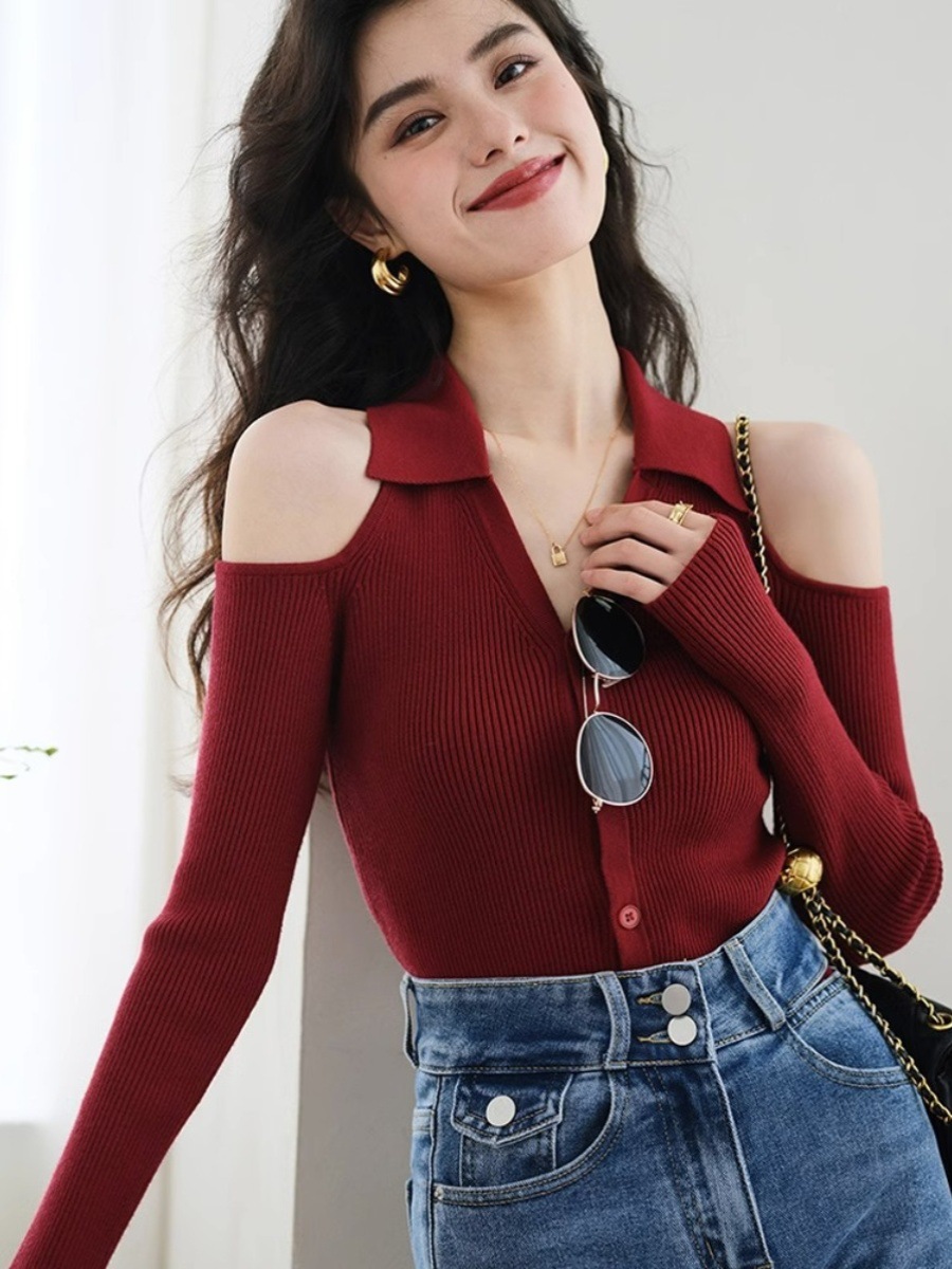Picture of Polo Collar Knitted Cardigan Red Base Shirt Women's Autumn and Winter Western-style Fur Inner Sweater Hanging Neck Shoulder Top
