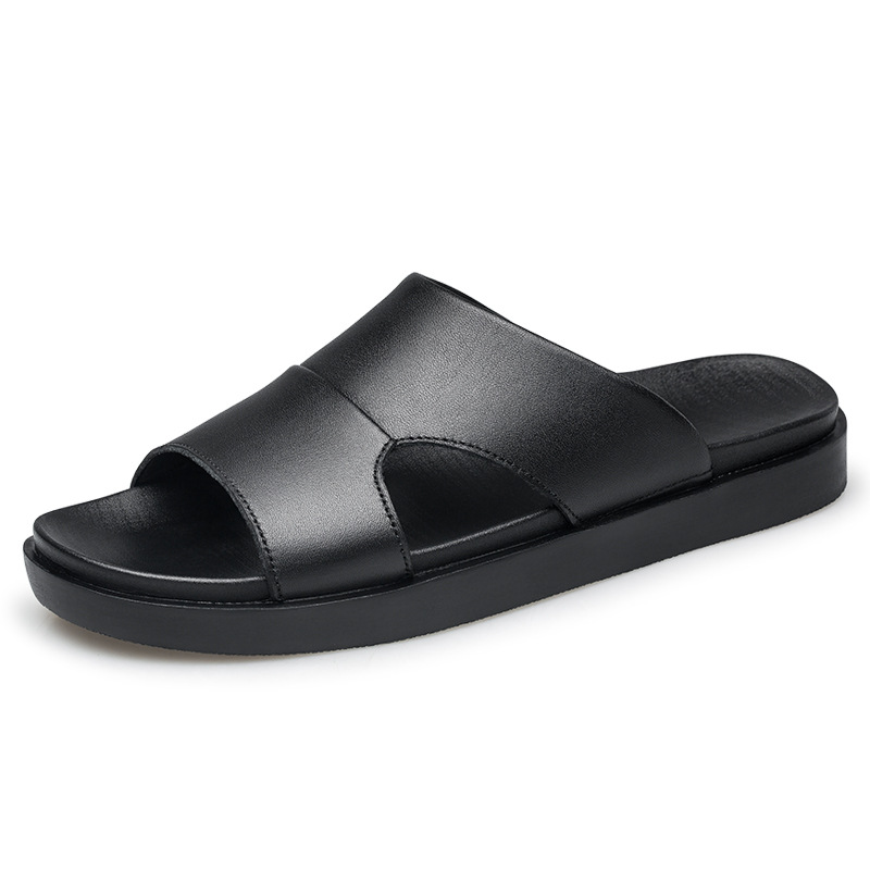21237 men's sandals summer genuine leather top layer cowhide surface slippers open toe slip-on pure black sandals fashion