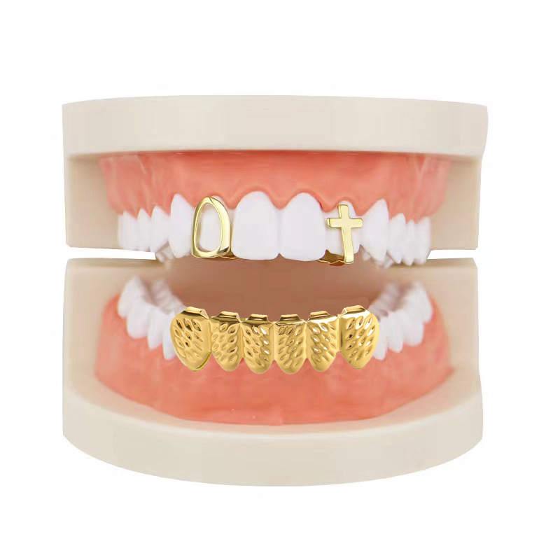 European and American hip-hop braces hiphop bright face single cross hollow suit wheat ear gold braces party decorative teeth