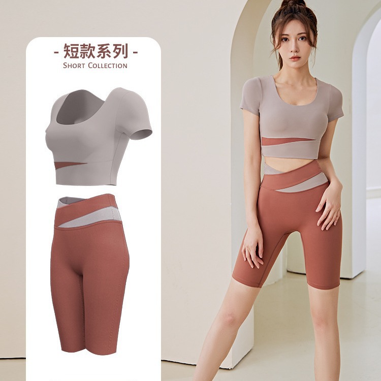 Juyitang Summer Women's Navel Short Hip-lifting Running Sports Fitness Color-matching Short-sleeved Half-length Pants Yoga Clothing Set