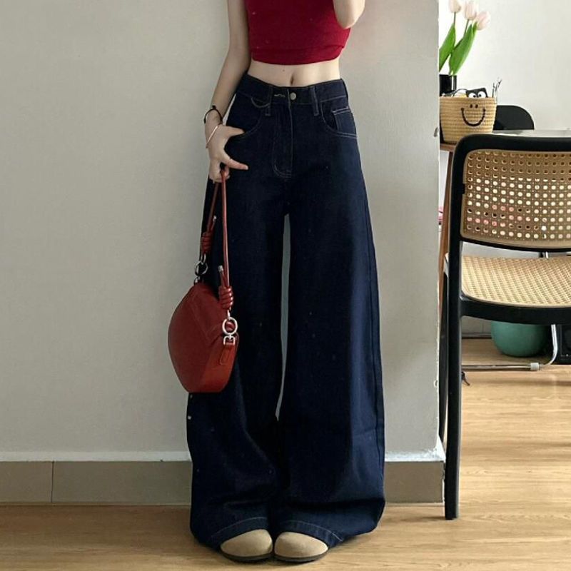 Summer All-match dark blue Retro High Waist Dipped Jeans Straight Leg Trousers Mop Pants Loose Wide Leg Pants for Women