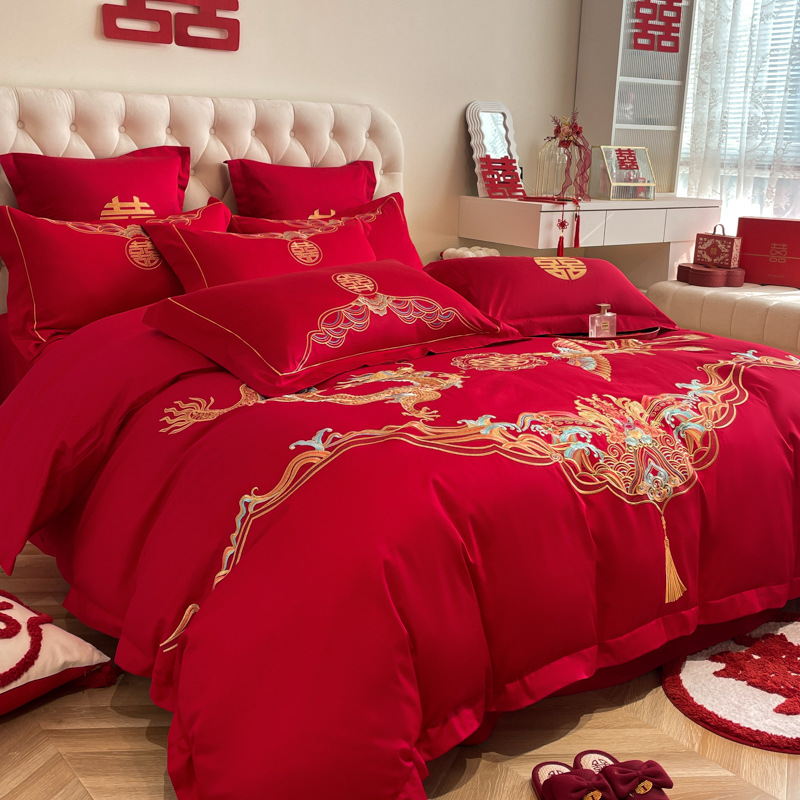 Picture of Chinese-style High-grade Wedding Four-piece Set Big Red Embroidered Wedding Dowry Quilt Cover Bed Sheet Newlywed Wedding Room Bedding