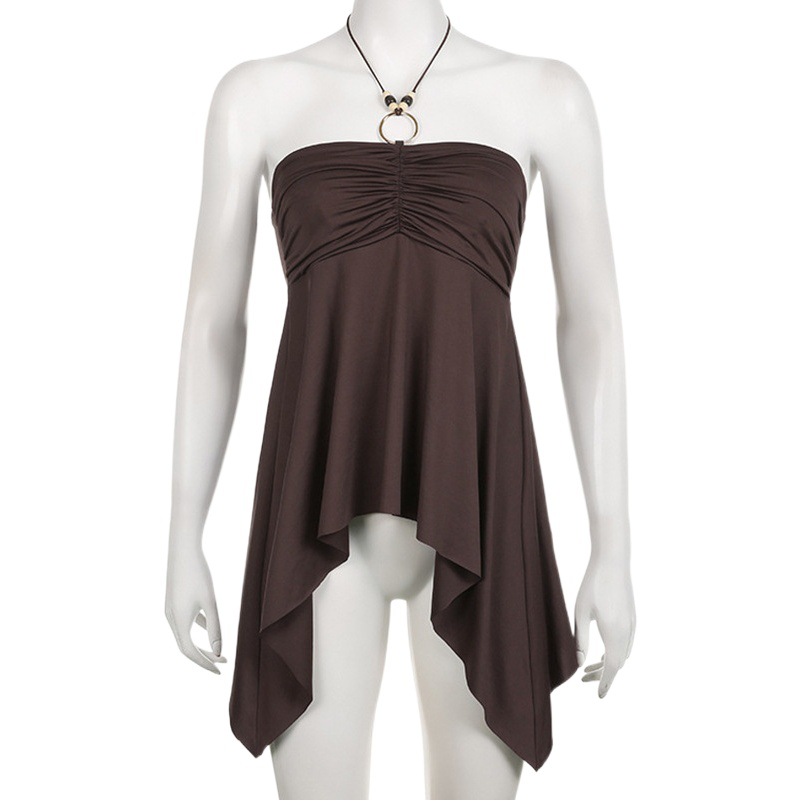 European and American Slim and Sexy Slim Backless Pleated A-Hem Asymmetrical Tube Top Beaded Ring Halter Top Pg2130