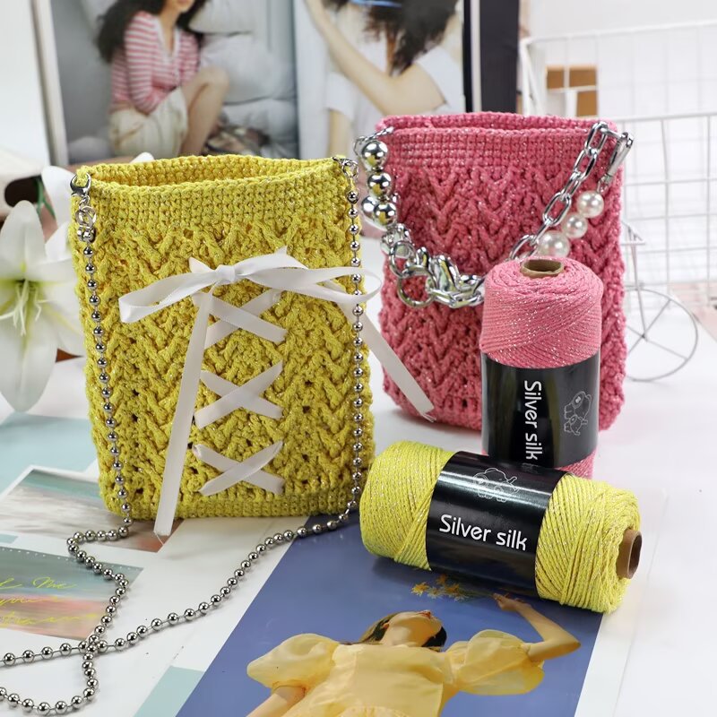 Cross-Border Broken Silver Bag Feve Same Style Shiny Silver Wire Hand-Woven DIY Material Dumpling Bag Hollow Cotton