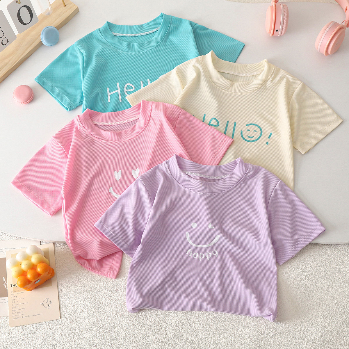 Picture of Cool Summer Candy Color Kidsren's Summer Short-Sleeved T-Shirt Round Neck Ice Silk Shaking t Baby Boy Girl Top Pure Color