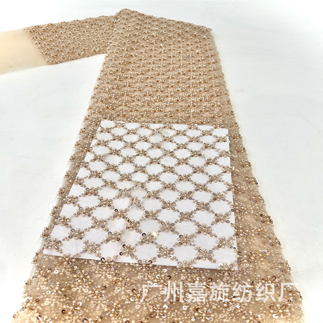 2024 plaid interlaced beads fabric heavy-duty beaded PET sequins white gold wedding dress lace fabric