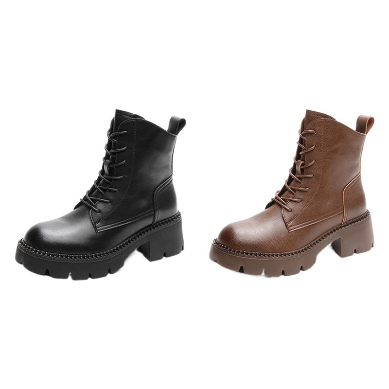 Retro British genuine leather Martin boots autumn and winter thick bottom thick heel fleece-lined women's boots all-match round toe high heel short boots wholesale