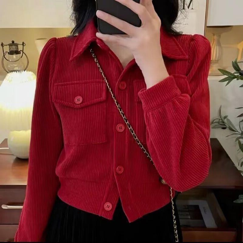 Corduroy Jacket Women's 2023 Spring New Thickened Retro Long Sleeve Shirt Autumn and Winter Korean Style Jacket Short Top