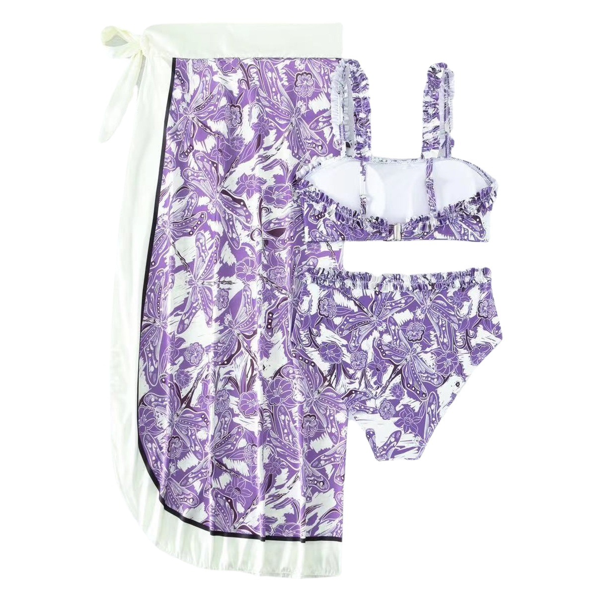 2025 European and American New One-Piece Swimsuit with Flying Edges, Slimming Look Retro Print with Steel Support, Hard-Packed Swimsuit, Mesh Skirt Suit