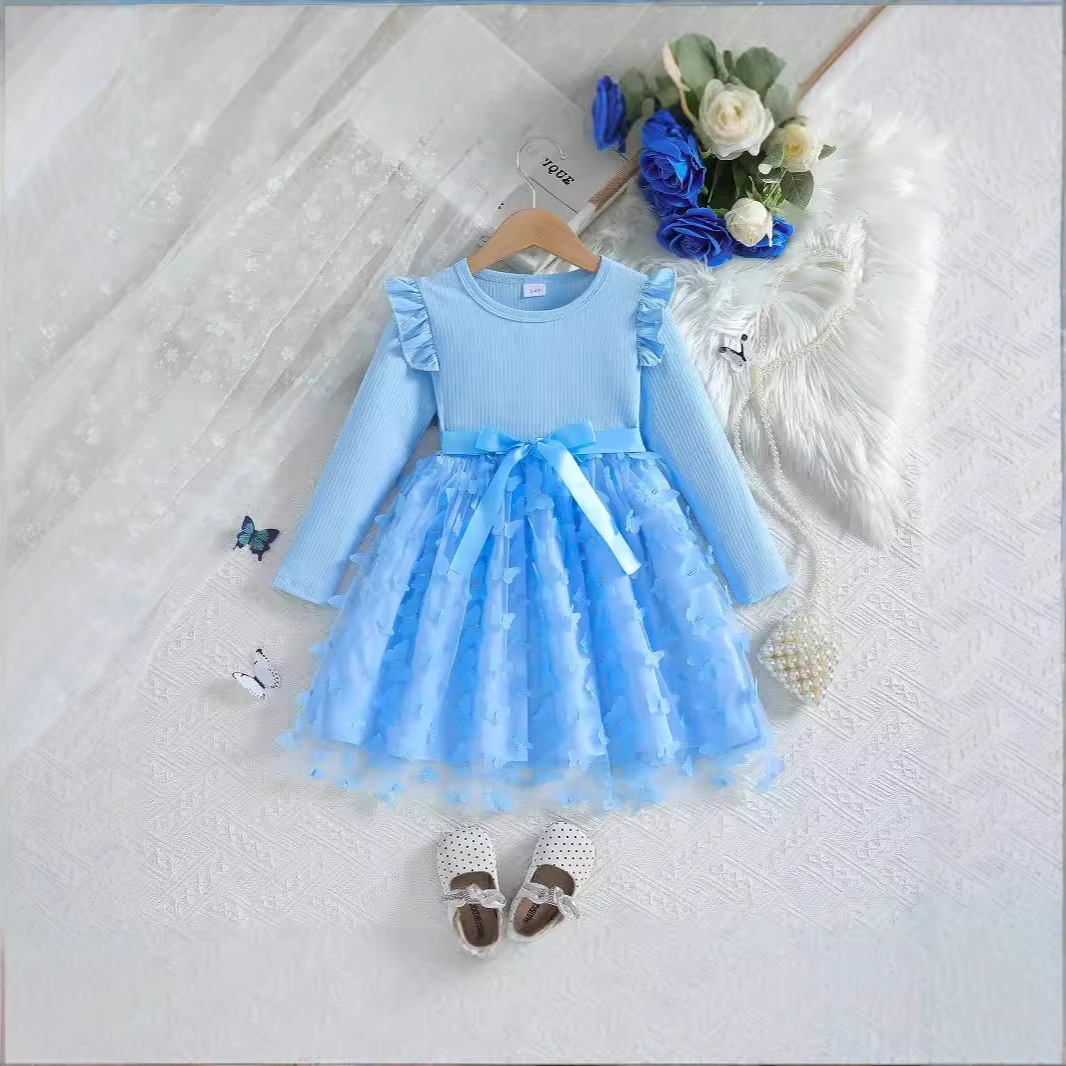 Baby Girl Long Sleeve Bow dress 2024 Autumn New Girl Fashionable Mesh Dress Princess Dress