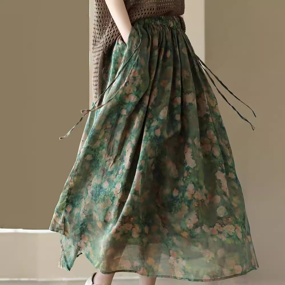 2023 Summer New Style Heavy Industry Printed Skirt Elegant Cotton and Linen Skirt Women's Vintage Floral Large Swing Skirt