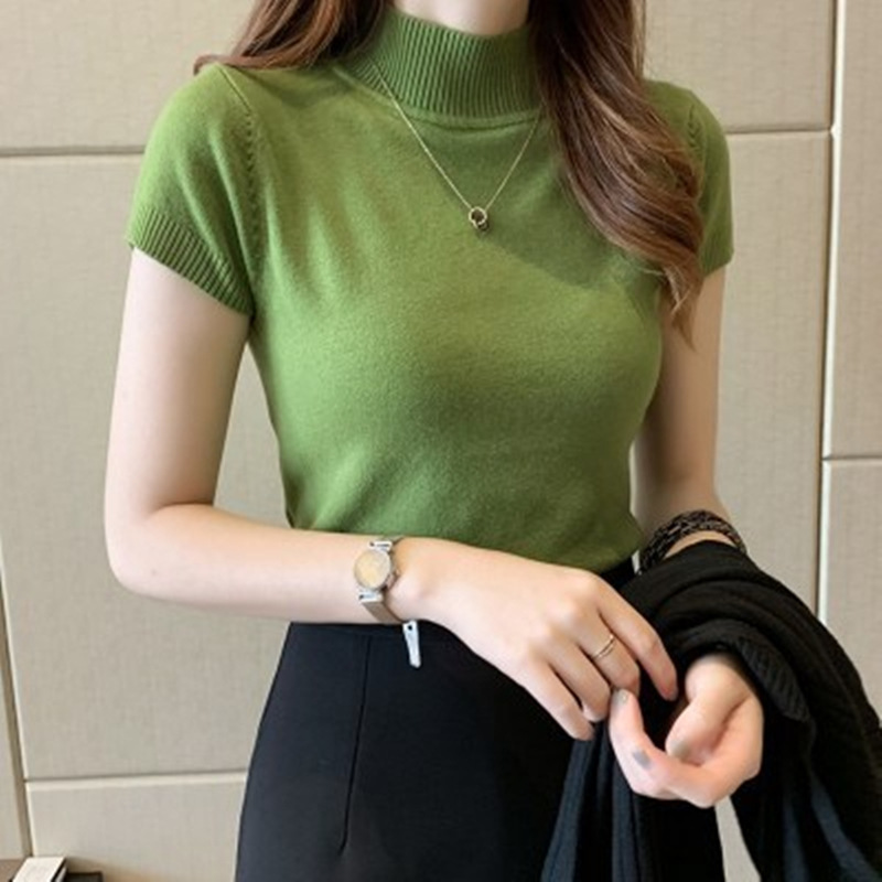 Half Turtleneck Half-Sleeved Knitwear for Women, Autumn and Winter Bottoming Shirt with Knitwear, Slim Fit Short Vest Top for Outer Wear