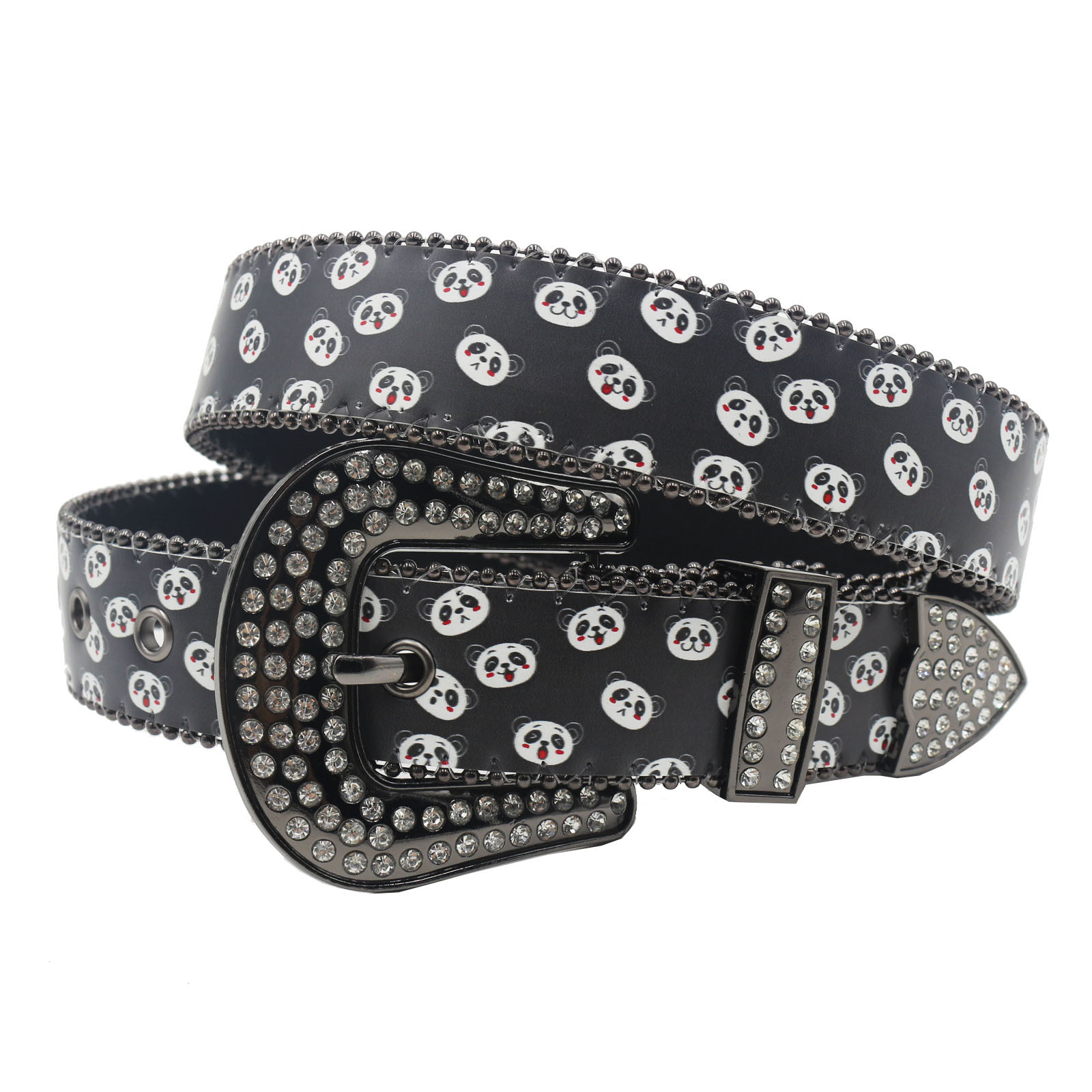 Y2K Trendy PU Leather Belt American Yabi Original Design Y2K Funny Panda Pattern Rhinestone Printed Belt