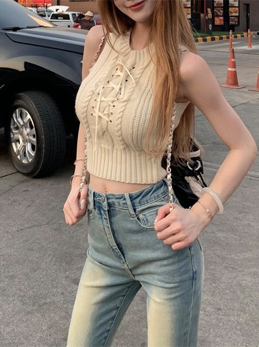 Pure Desire French Style Chic Diggered Shoulder Knitted Vest Single Wear Inner Slimming Sleeveless Pure Desire Sweet Hot Top Trendy Instagram