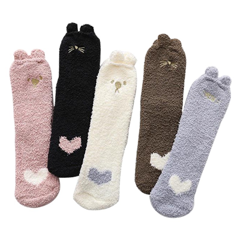 Autumn and winter coral velvet socks women's socks winter fleece-lined thick warm sleep socks embroidered cat cat claw socks floor socks