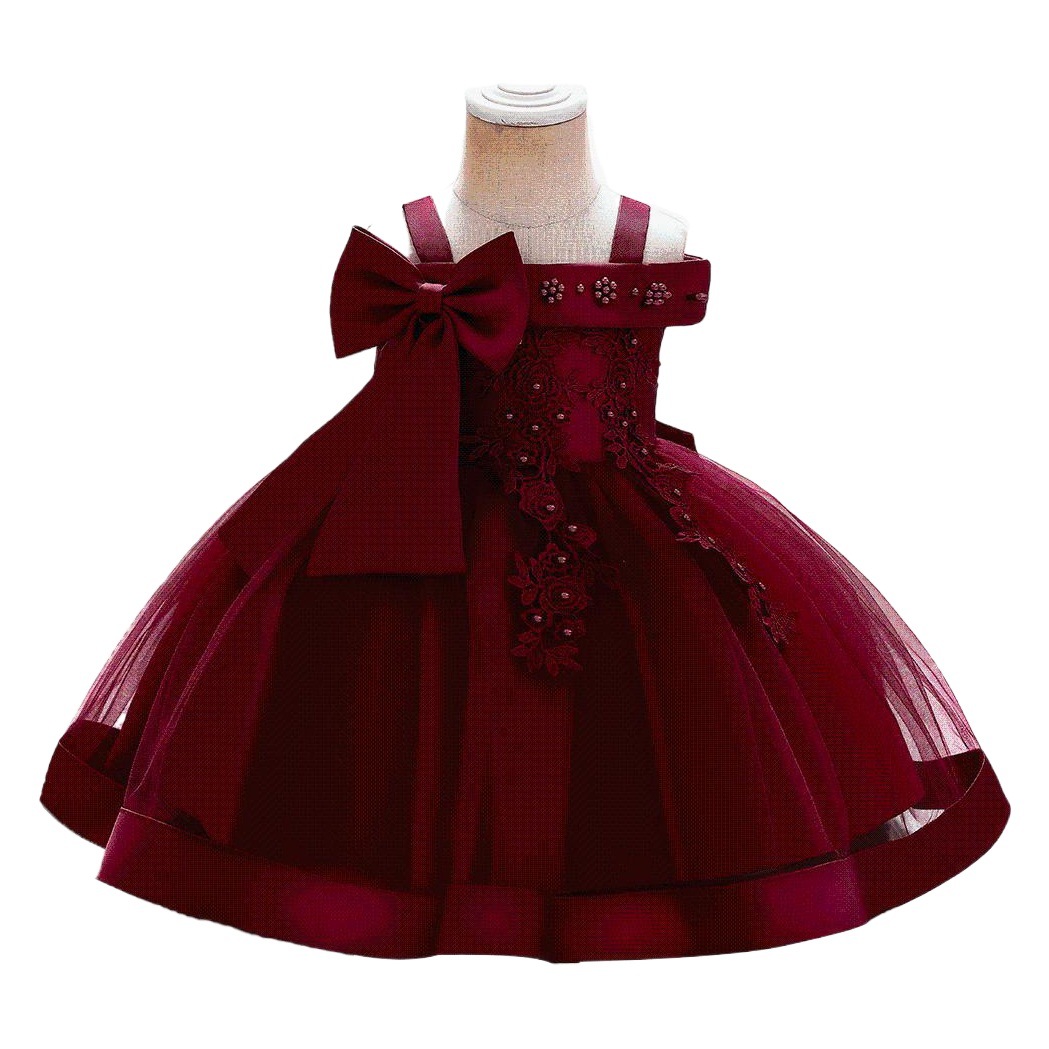 Picture of Foreign trade cross-border new children's wedding dress off-shoulder pearl embroidery girls performance princess puffy skirt summer