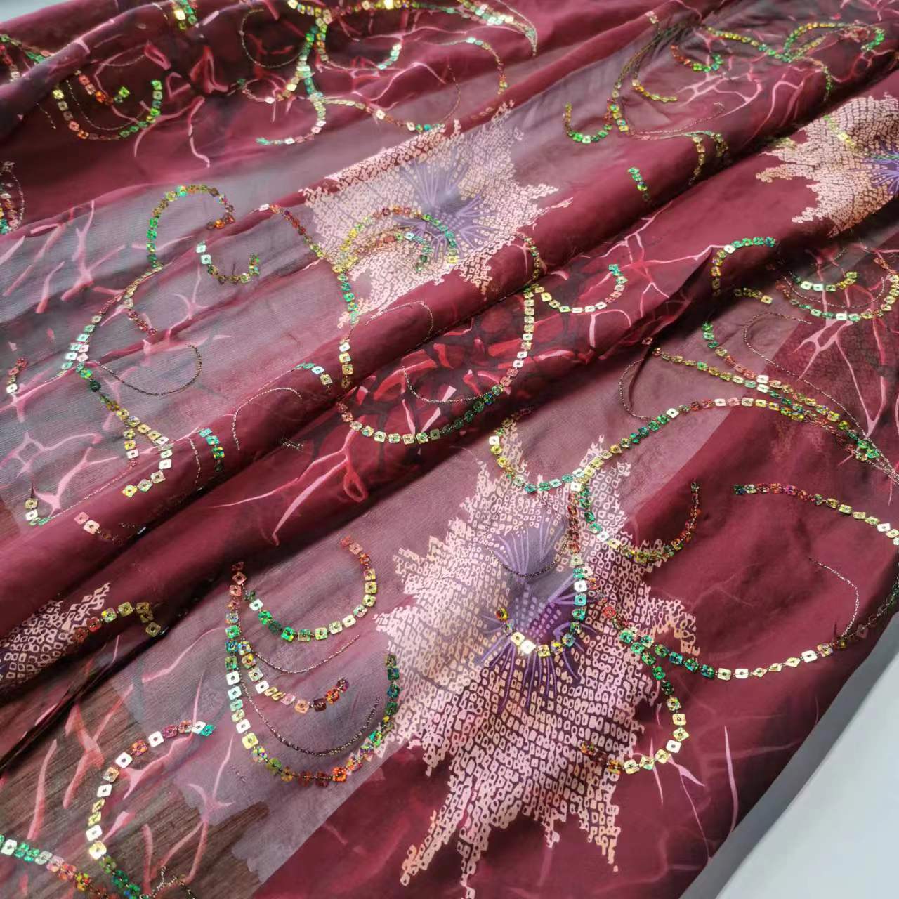 Silk Chiffon Embroidered Sequins Dark Red Mulberry Silk Shirt Skirt Wide Fabric