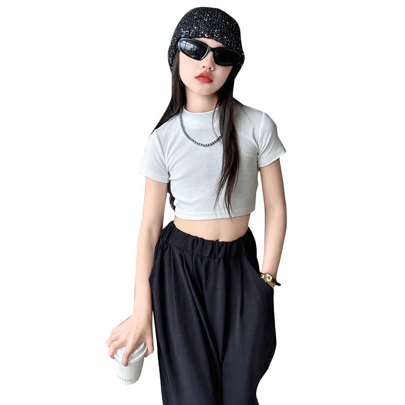 Picture of Girls' White Short-sleeved Summer Western-style Children's Short Jazz Top Navel T-shirt Street Dance Slim-fit Half-sleeve Trendy
