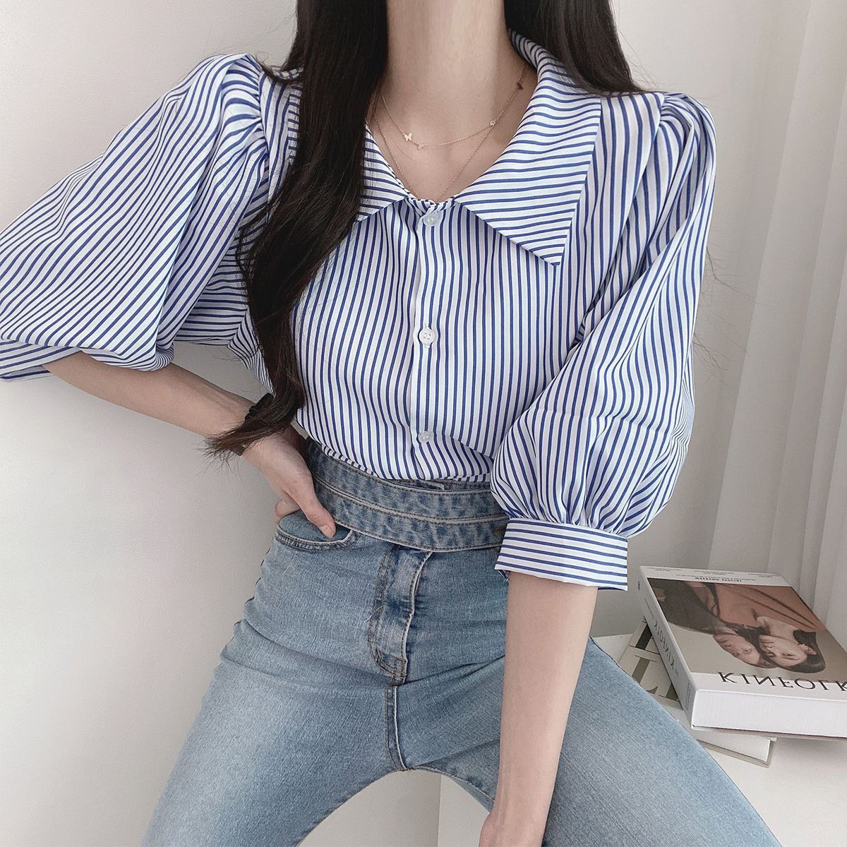 Spot Retro Half Sleeve Striped Shirt Women's Summer New Shirt Women's Shirt Real Shot Model Spot