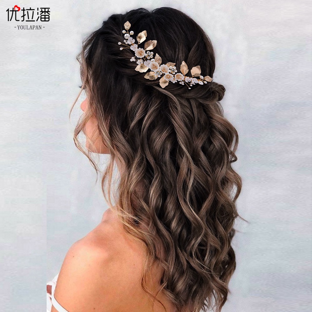Eulapan HP315 European and American Bridal Accessories Headwear Double Row Comb Golden Leaf Pearl Hair Comb Wedding Hair Accessories