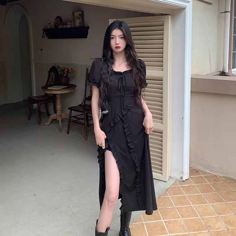 Picture of French Hepburn Style Black dress Women's Summer Xiazhong Design Irregular Split Skirt Slim-fit Skirt