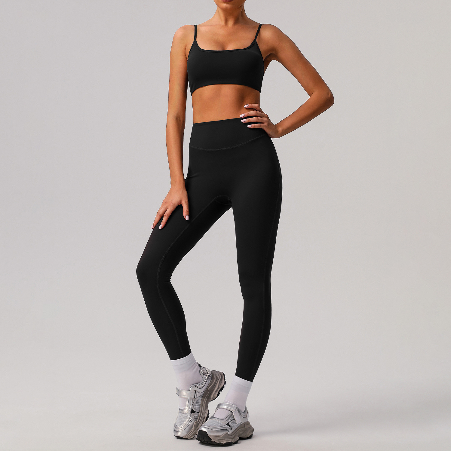 Picture of European and American Solid Color Tight Naked Yoga suit High Elastic Breathable Fitness Clothes Outdoor Body Shaping Running Sports suit Women