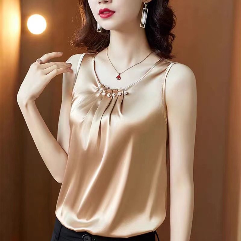 Satin 2024 New Summer Beaded Camisole Top Base Shirt Mother Suit Inner plus size chubby girl