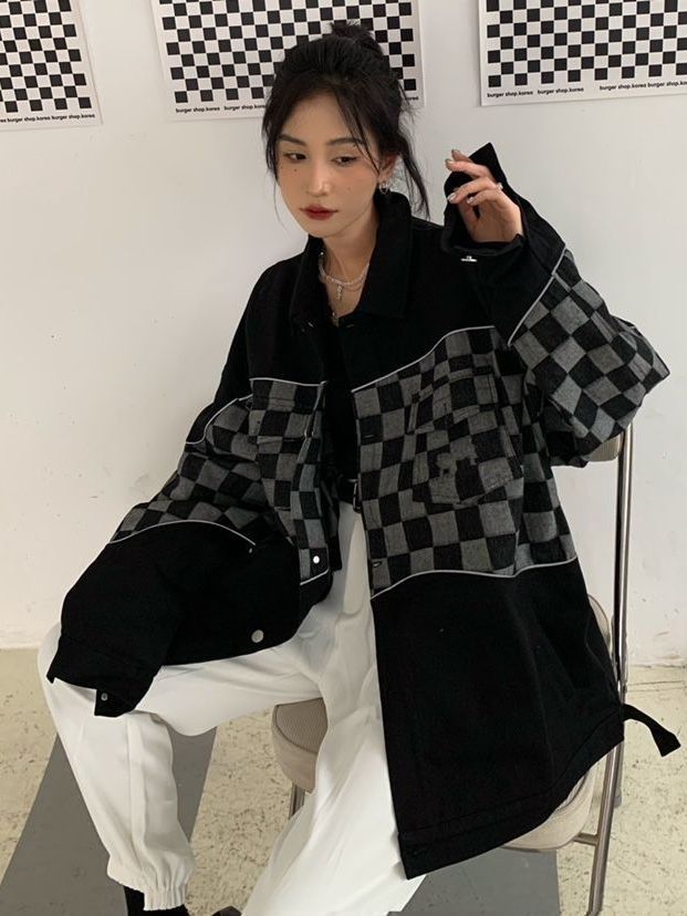 Picture of Checkerboard Stitching Denim Jacket Loose Korean-style Fashionable Autumn and Winter ins High Street All-match Jacket Top for Men and Women Students