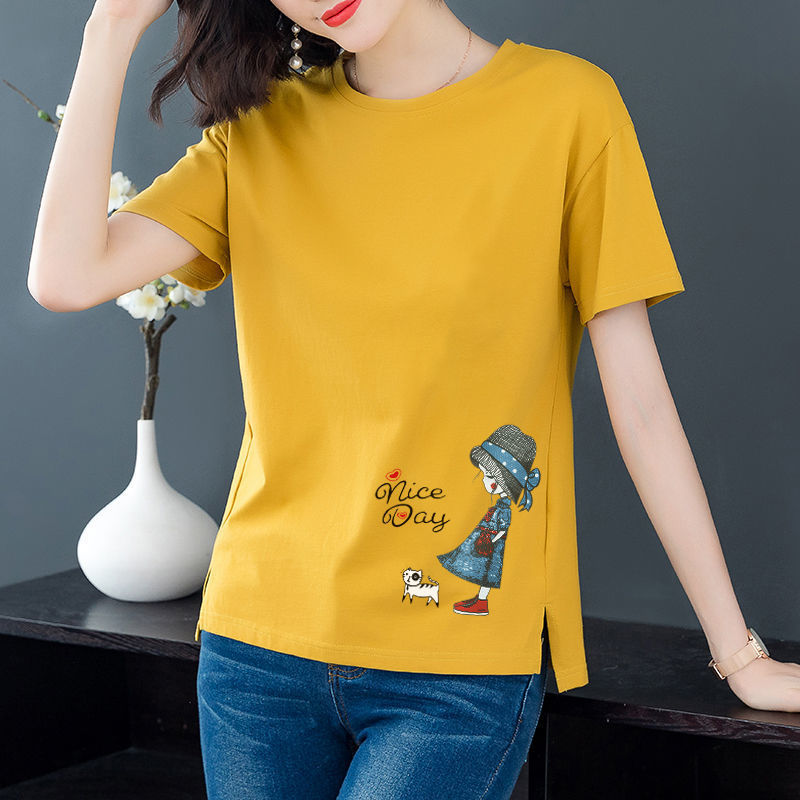 100% Cotton Short-Sleeved T-Shirt Women's Summer Wear Versatile Loose Large Size Fat mm Top T-Shirt Korean Style Printed T-Shirt Loose
