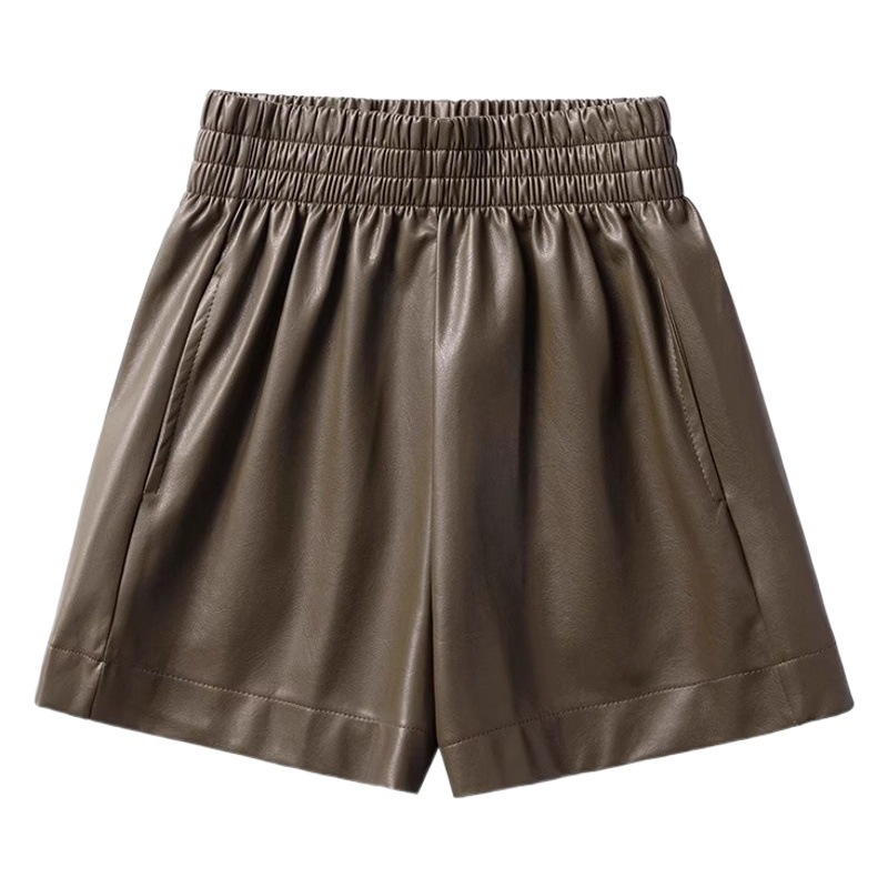 PU Leather Shorts Women's 2025 Autumn and Winter New High Waist Slimming Wide Leg Pants Black Korean Casual A- Shoe Pants