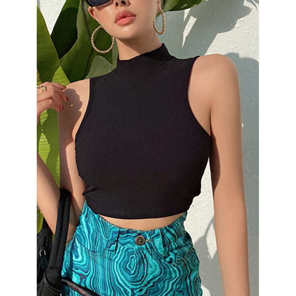 European and American style hot girl half turtleneck vest women's summer outer wear ins sleeveless short navel inner top bottoming shirt