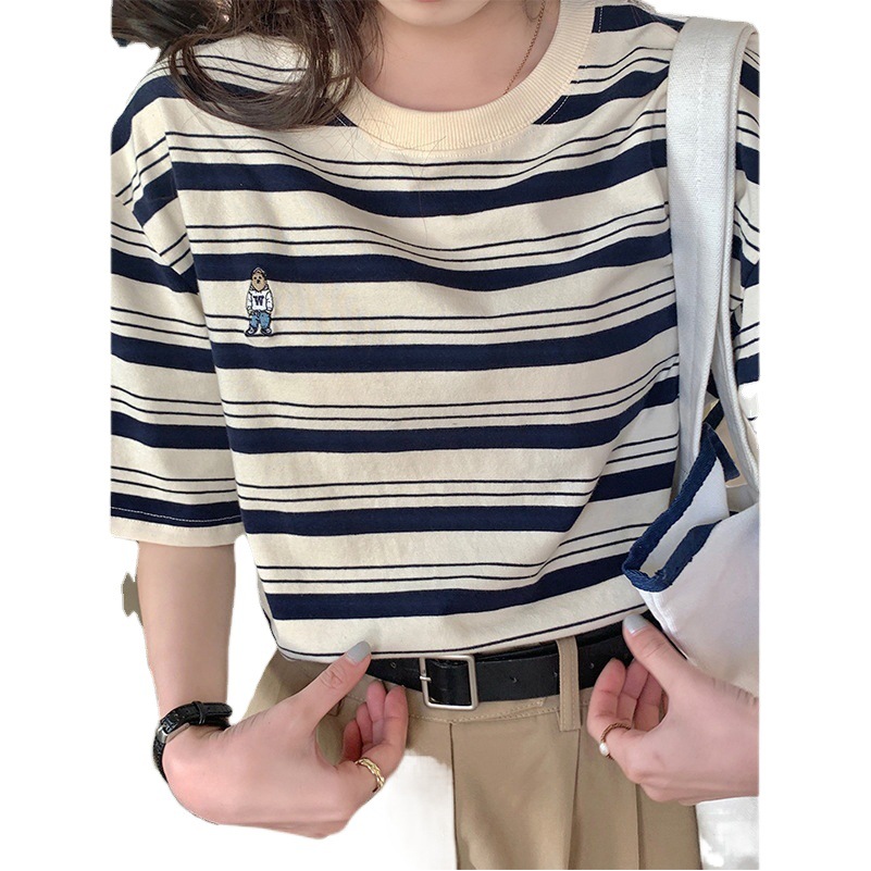Retro Style Round Neck Striped Short-sleeved T-shirt Women's Summer 2025 New Loose Cotton Embroidered Casual All-match Top for Women