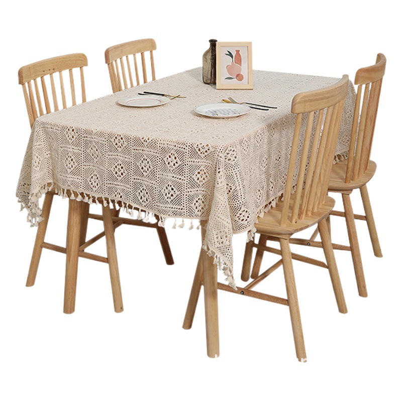 Vintage Cotton and Linen Tablecloth Tassel Tablecloth Pastoral Plaid Western-style Round Square Tablecloth Hollow Lace Table Runner Placemat