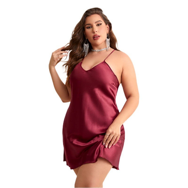 New cross-border plus size pajamas women's breathable ice silk nightdress thin sexy suspender dress casual women's homewear