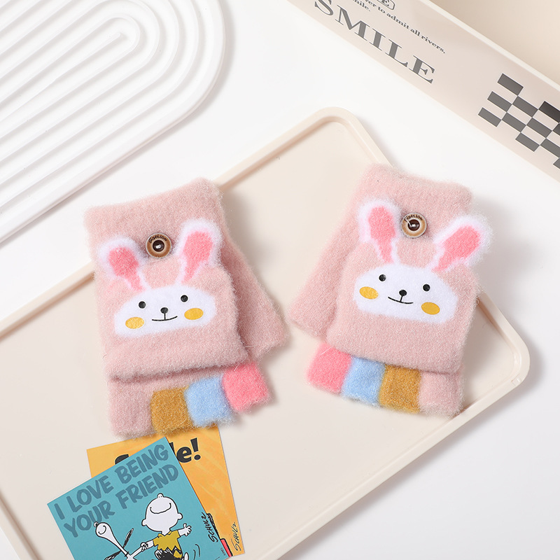 Picture of Children's flip gloves autumn and winter boys half finger warm cute Primary School students writing knitted dual-purpose gloves wholesale