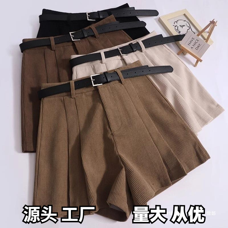 Casual Wide-leg Shorts Women's 2024 Small Boots Pants Corduroy High Waist Autumn and Winter Outer Wear A- word Pleated New Arrival